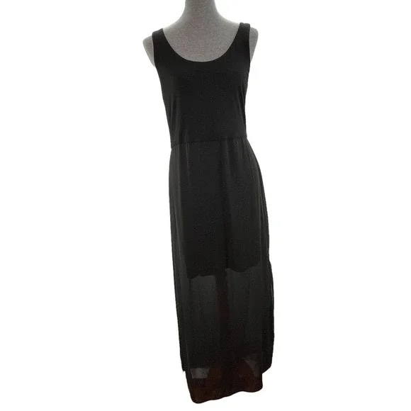 Vince Camuto | Dresses | Vince Camuto Maxi Tank Dress Womens Sz Large Black  Sheer Overlay Stretch Slits | Poshmark